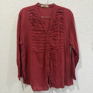 Passementrie Womens Top Red Boho Ruffle Button Front Cotton Long Sleeve